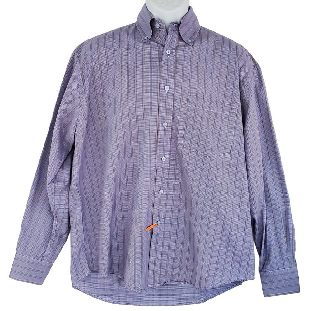 Bugatchi Shirt Men's M Blue Striped Houndstooth Button Pocket Drop Tail Cotton